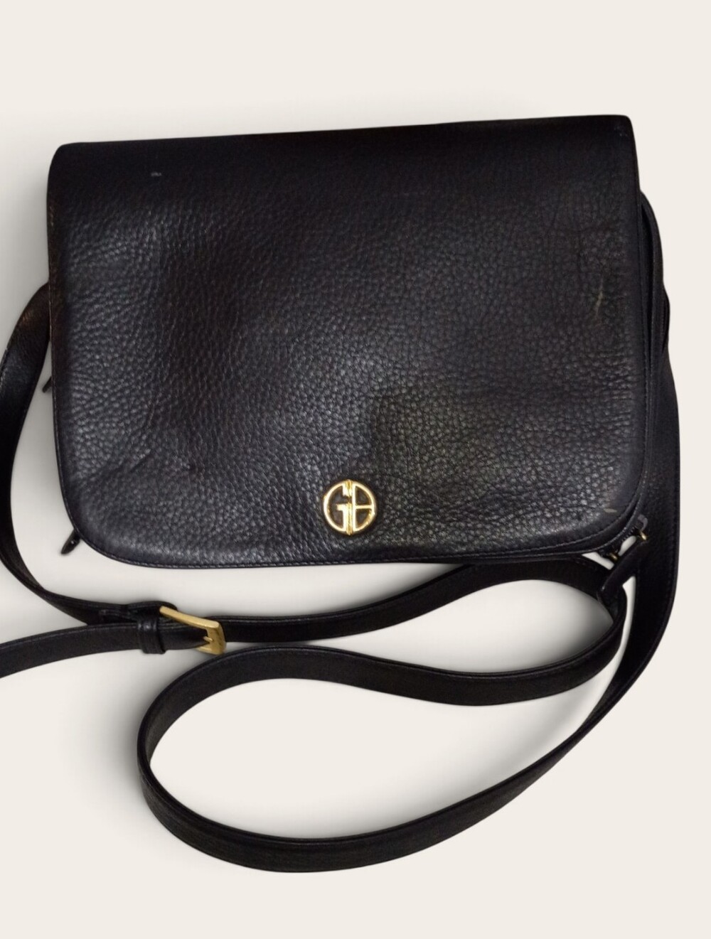 Giani Bernini Black Pebbled Leather Flap Crossbody with Gold Logo